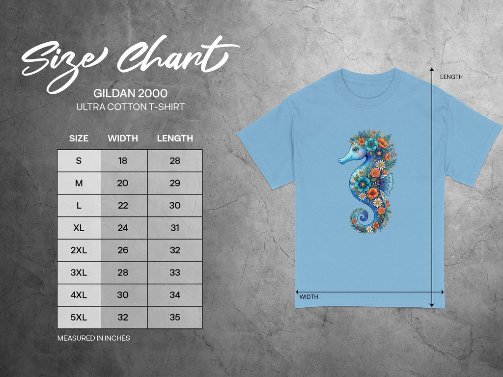 Gildan 2000 Ultra Cotton t-shirt size chart with measurements in inches.
