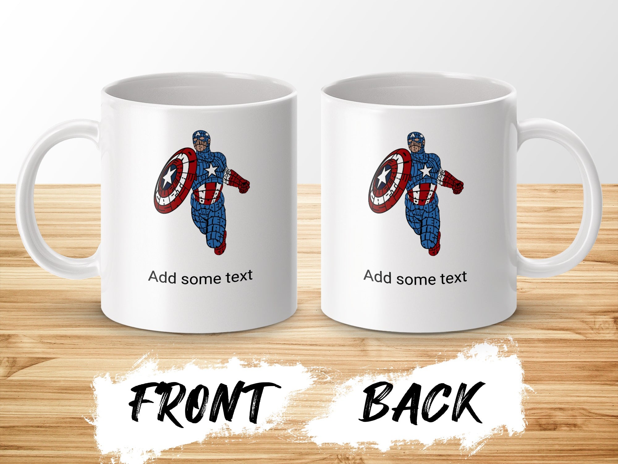 White mug with Captain America design and "Add some text" on front and back.