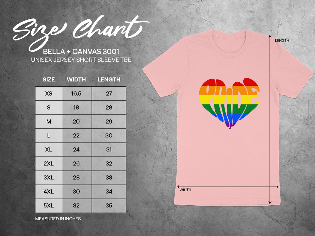 Bella Canvas 3001 unisex short sleeve tee size chart with width and length measurements.