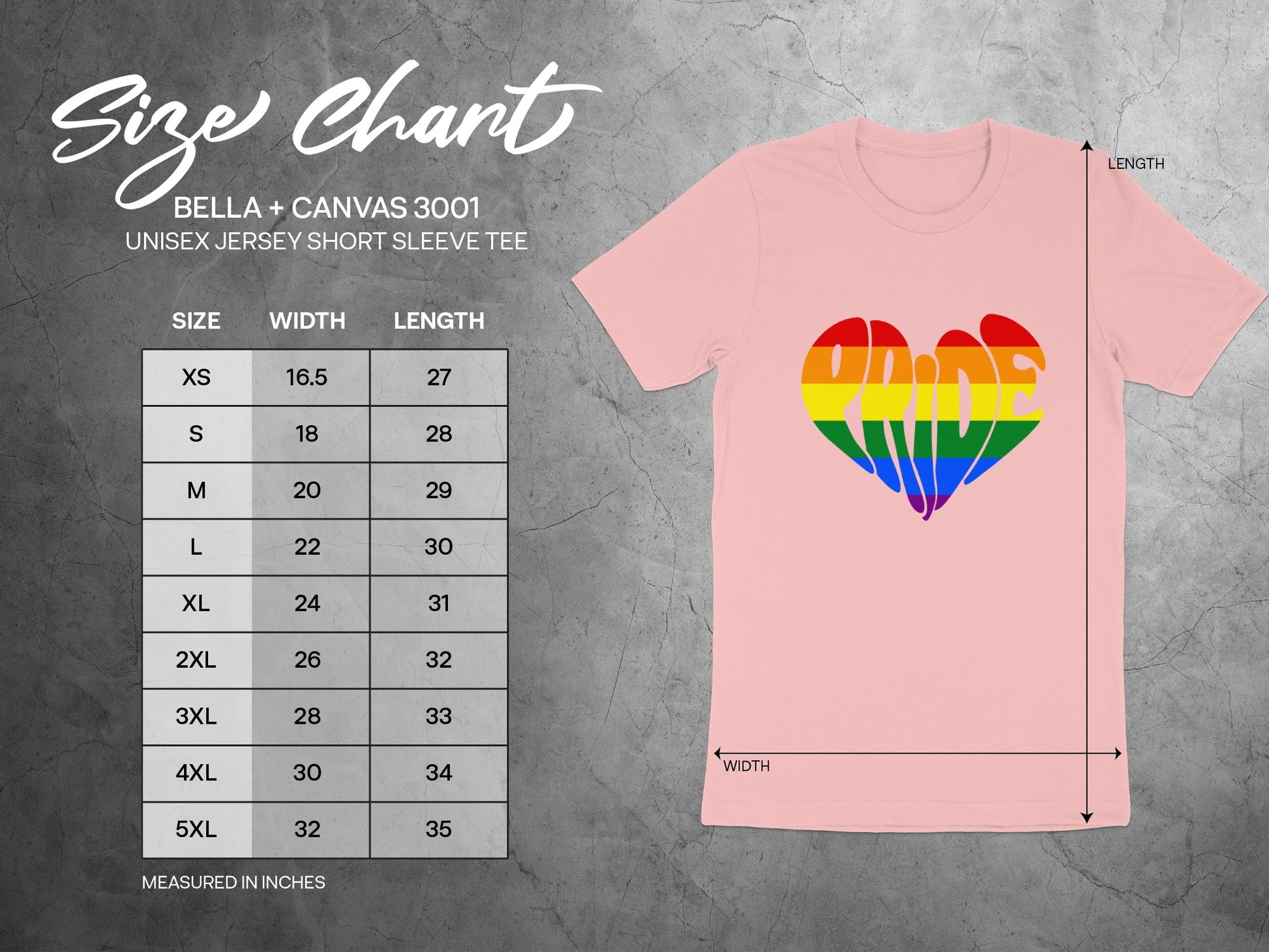 Bella Canvas 3001 unisex short sleeve tee size chart with width and length measurements.