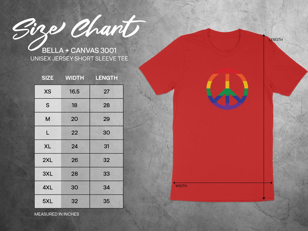 BELLA + CANVAS 3001 unisex tee size chart with rainbow peace sign.