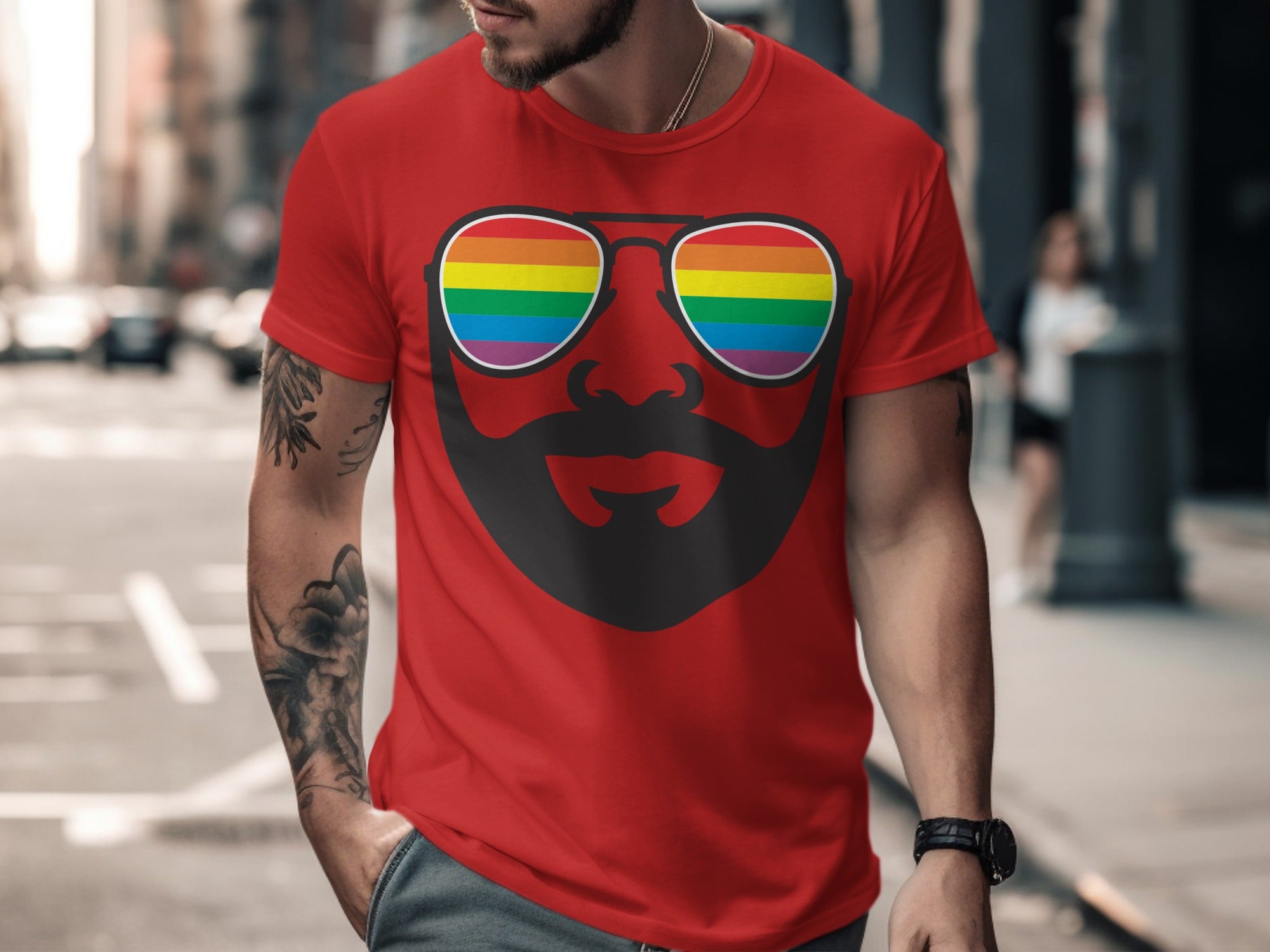 Red t-shirt with graphic of beard and rainbow sunglasses.