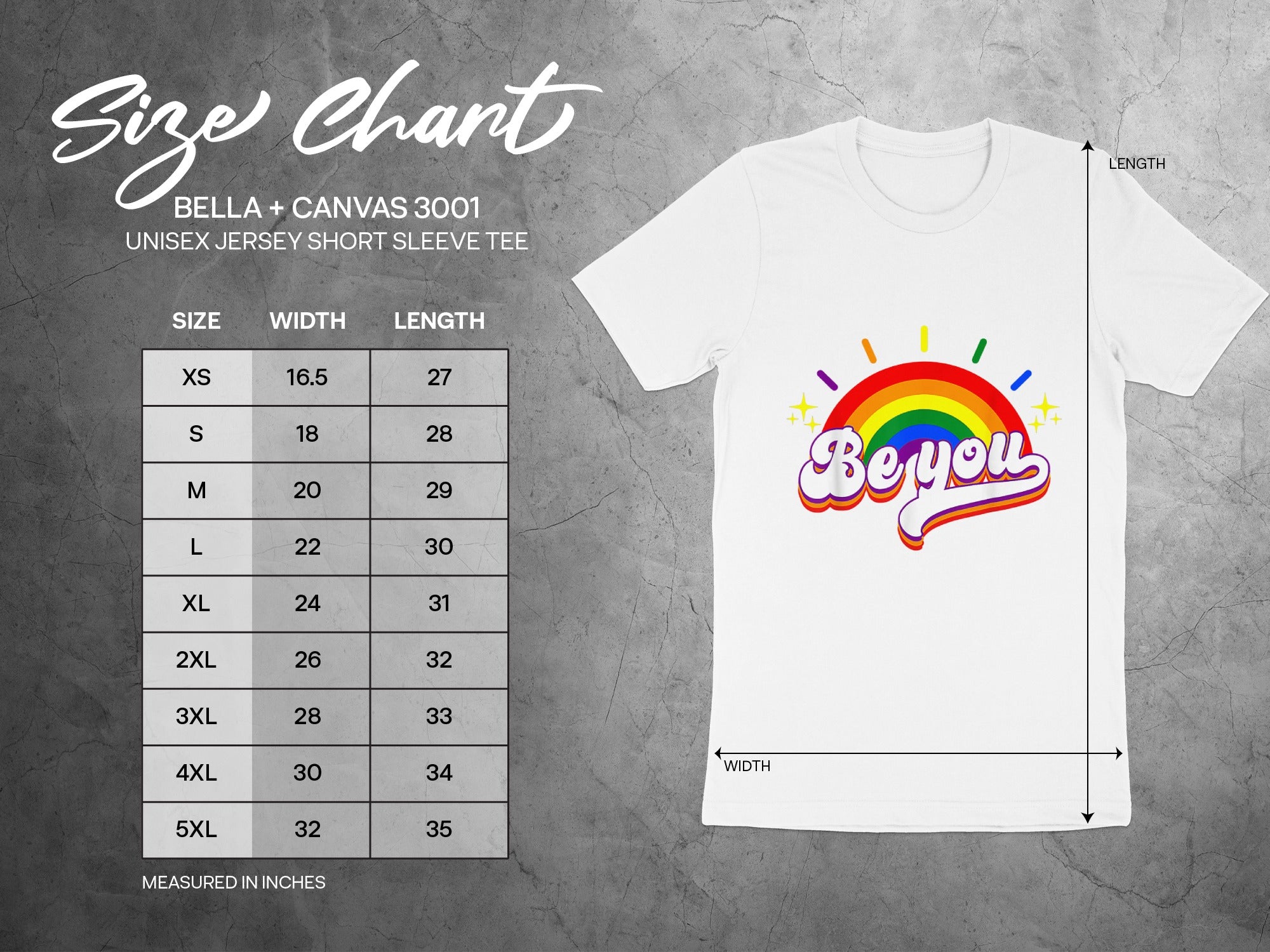 Bella+Canvas 3001 unisex short sleeve tee size chart with width and length measurements in inches.