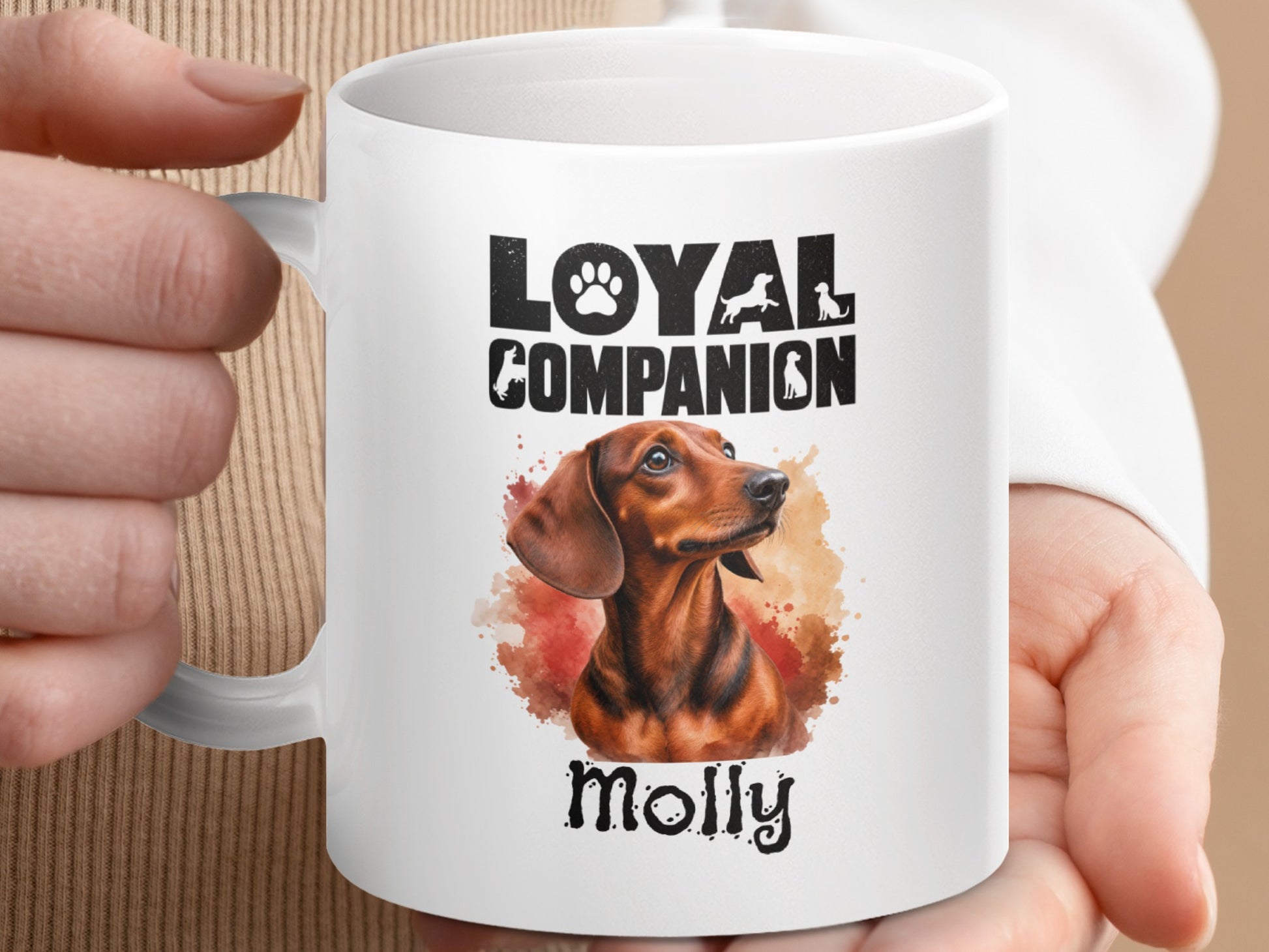 White mug with a dachshund graphic and text "Loyal Companion" and "Molly".