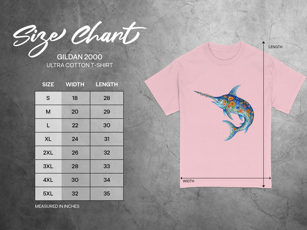 Gildan 2000 Ultra Cotton T-Shirt size chart with measurements in inches.