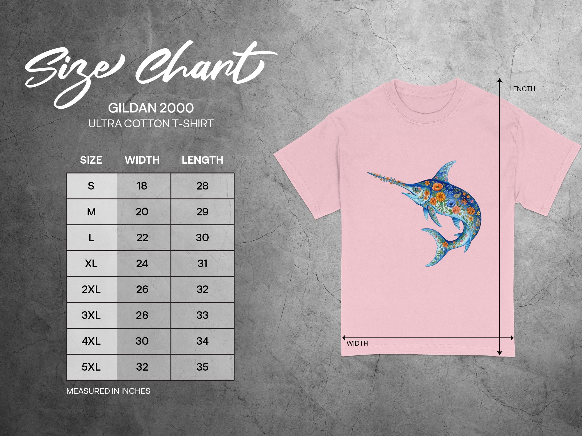 Gildan 2000 Ultra Cotton T-Shirt size chart with measurements in inches.