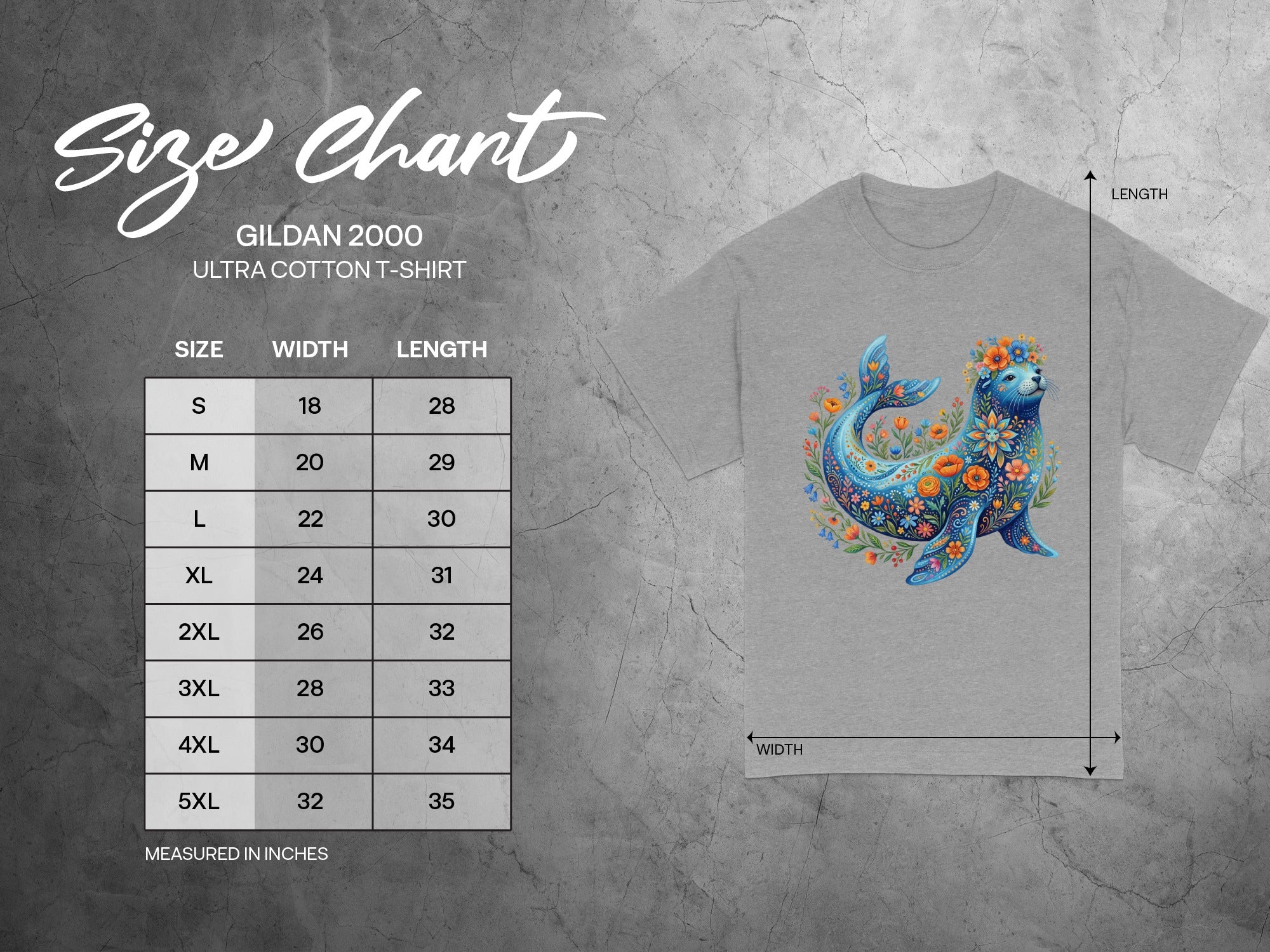 Gildan 2000 Ultra Cotton t-shirt size chart with width and length in inches.