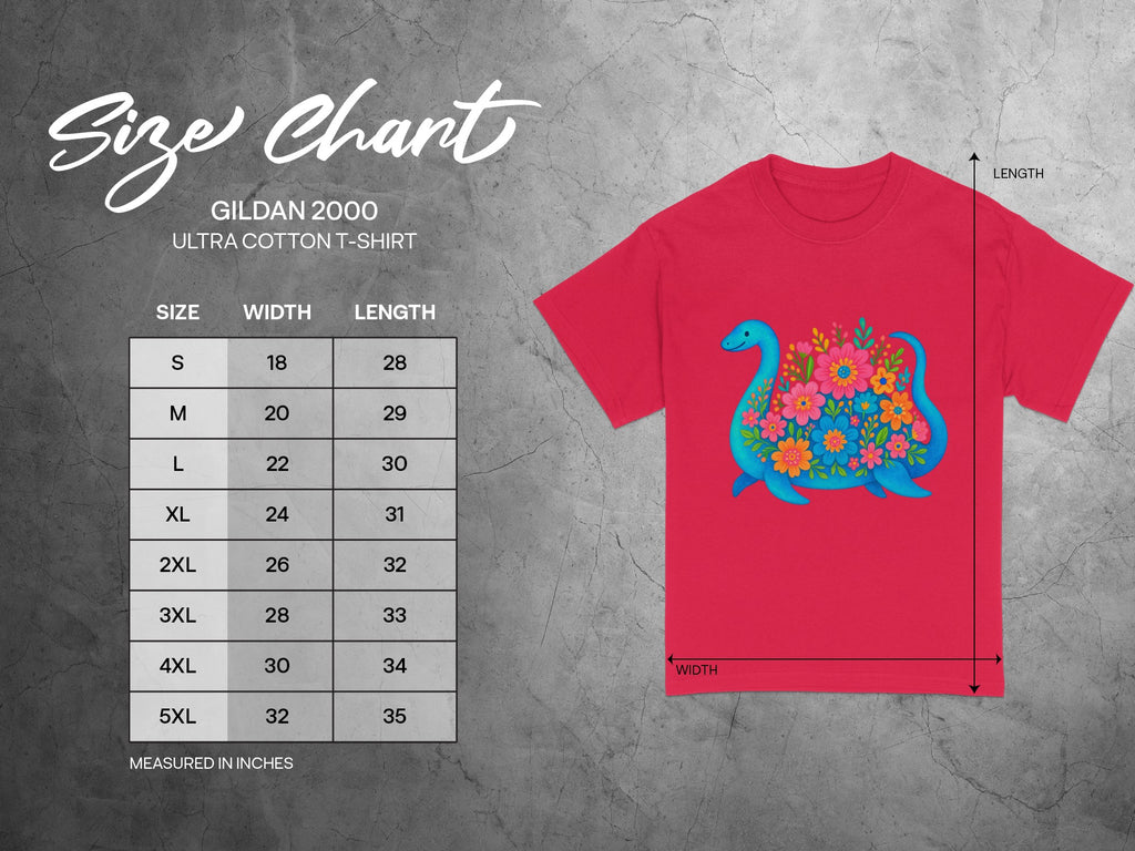 Gildan 2000 Ultra Cotton T-Shirt size chart with width and length in inches.