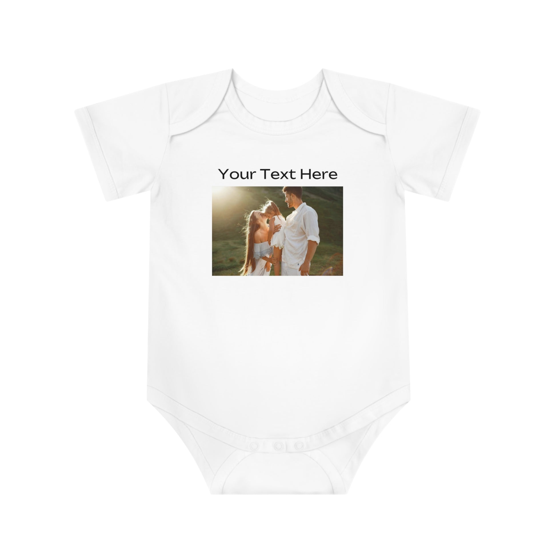 White baby bodysuit with a printed image of a family and text "Your Text Here".