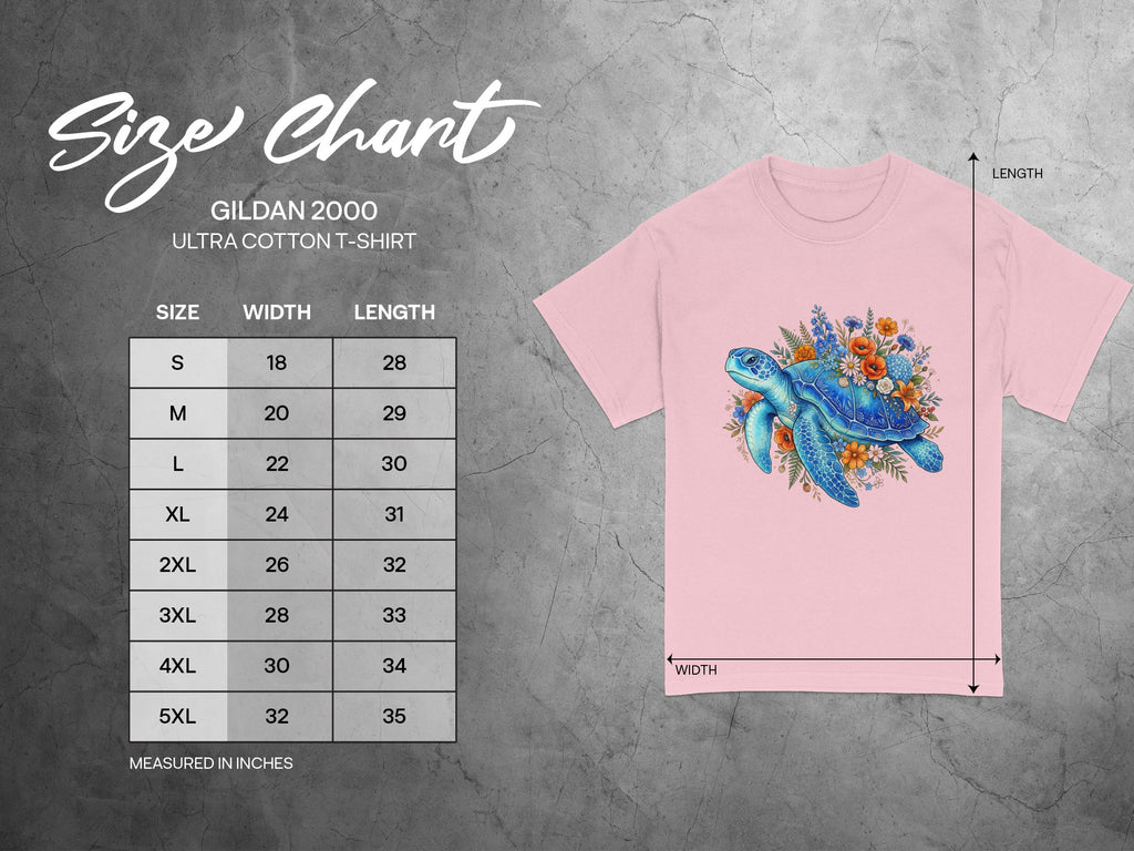 Gildan 2000 Ultra Cotton T-shirt size chart with measurements in inches.