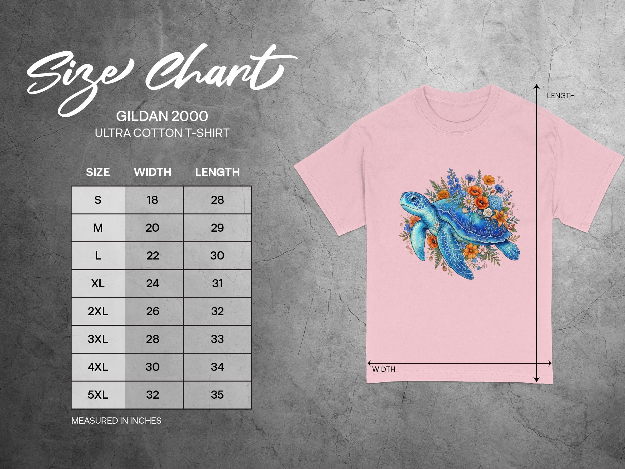 Gildan 2000 Ultra Cotton T-shirt size chart with measurements in inches.