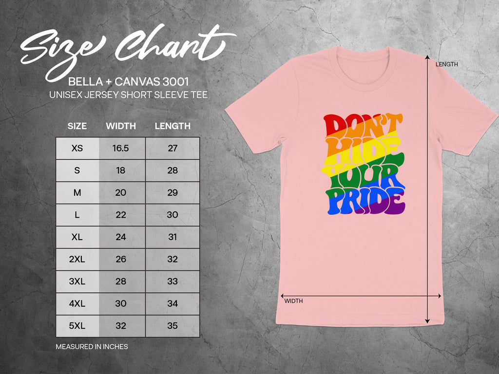 BELLA + CANVAS 3001 unisex t-shirt size chart with width and length measurements.