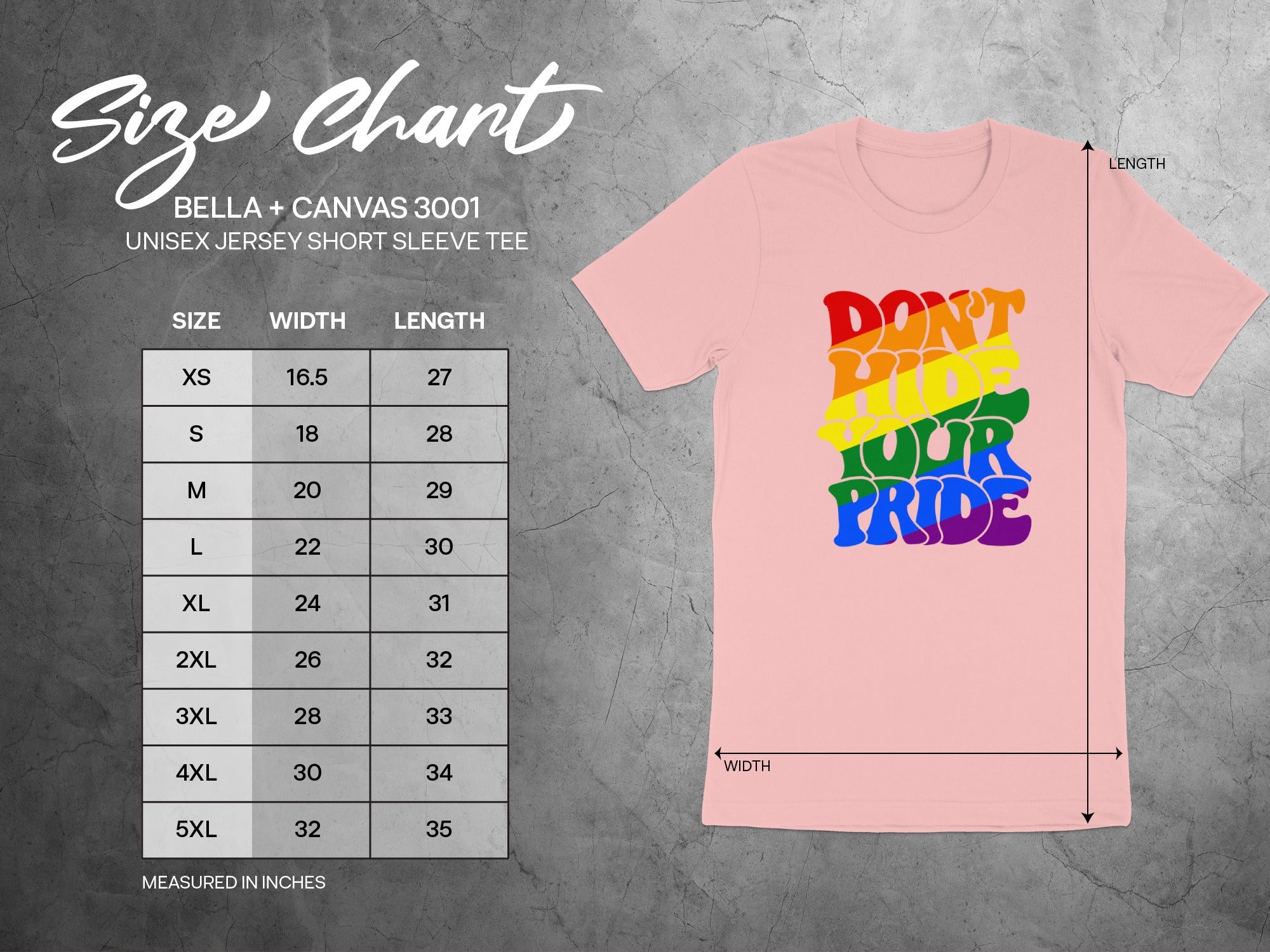 BELLA + CANVAS 3001 unisex t-shirt size chart with width and length measurements.