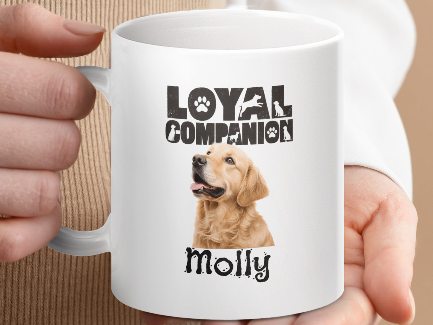 White mug with golden retriever and text "Loyal Companion Molly".