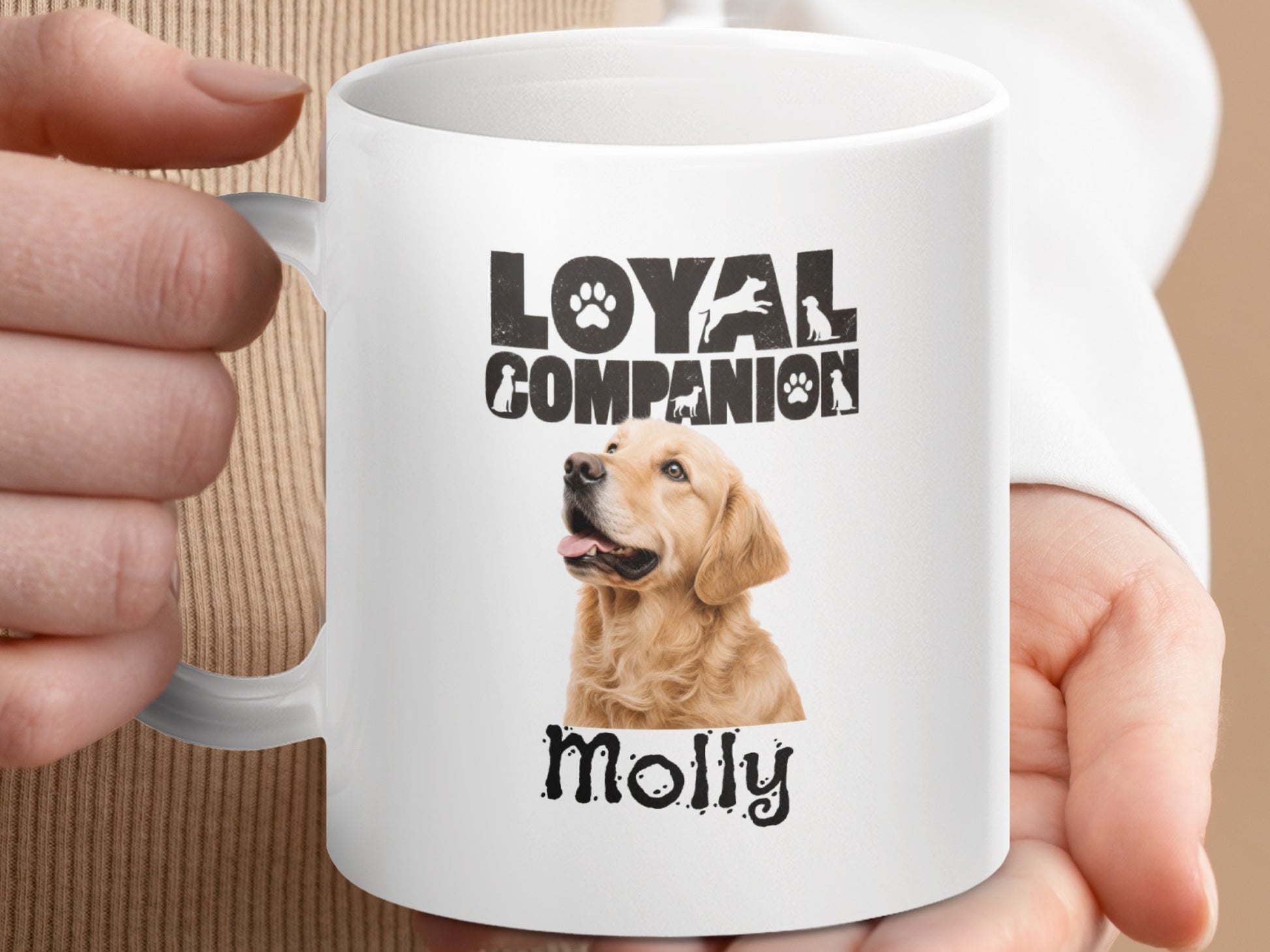 White mug with golden retriever and text "Loyal Companion Molly".