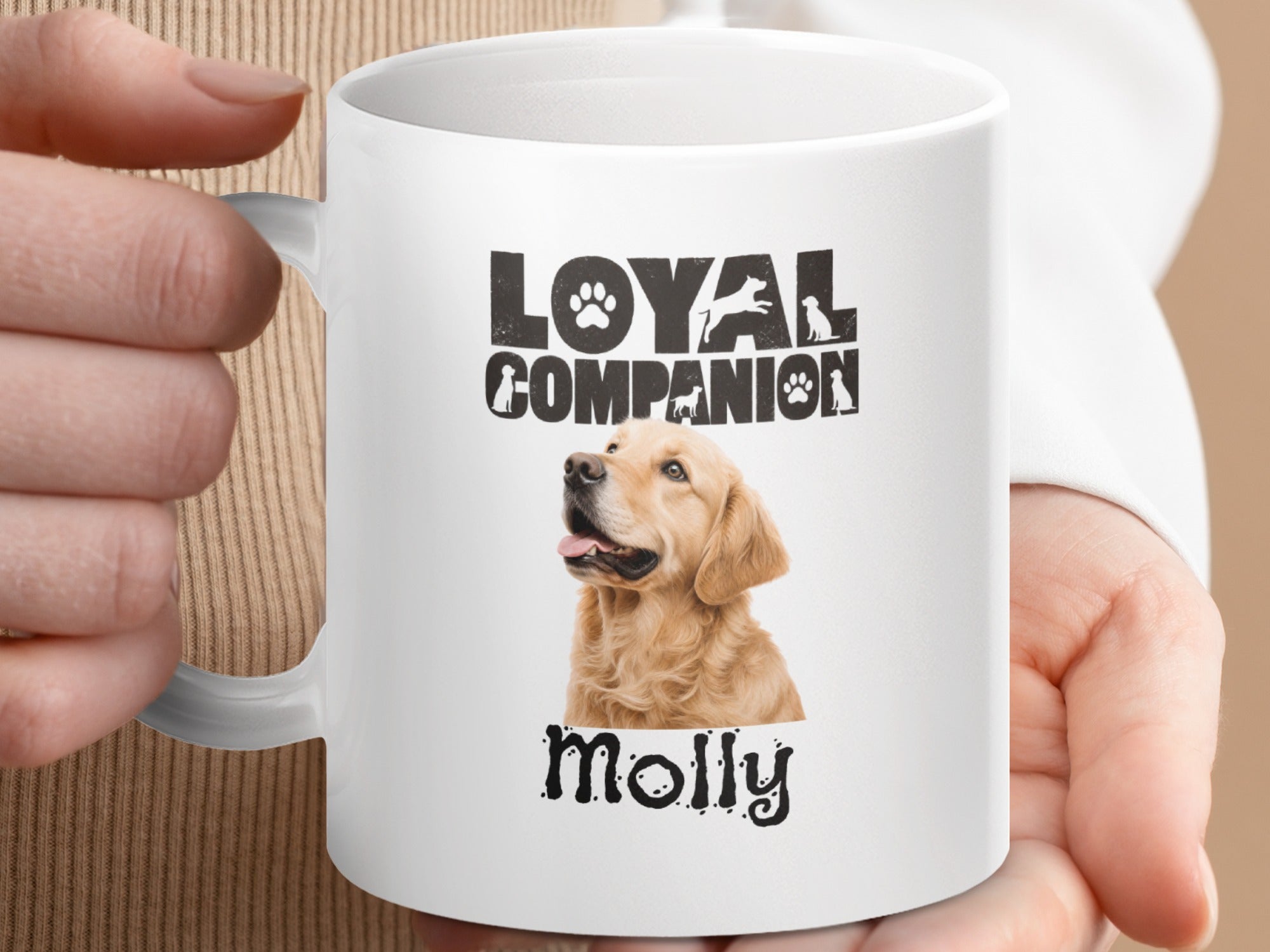 White mug with golden retriever and text "Loyal Companion Molly".