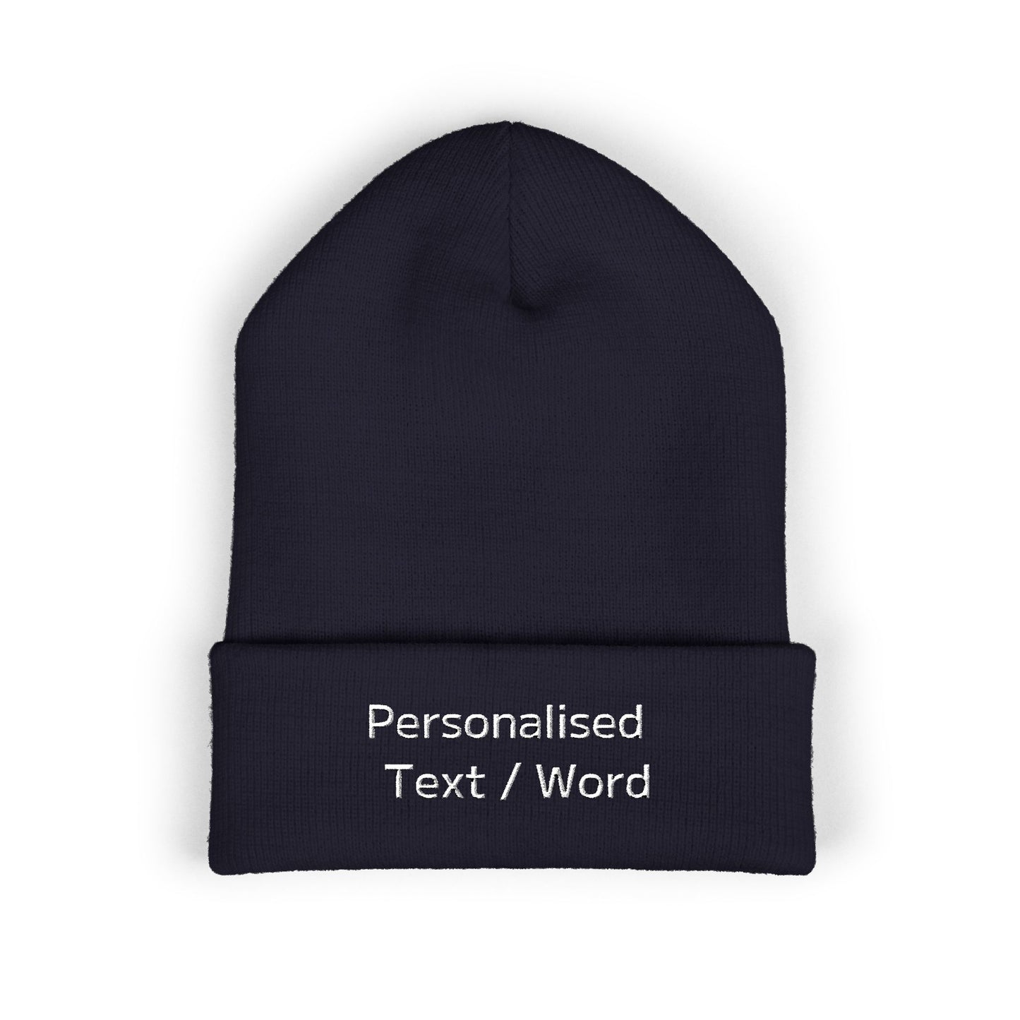Navy blue beanie with white "Personalised Text / Word" embroidery.