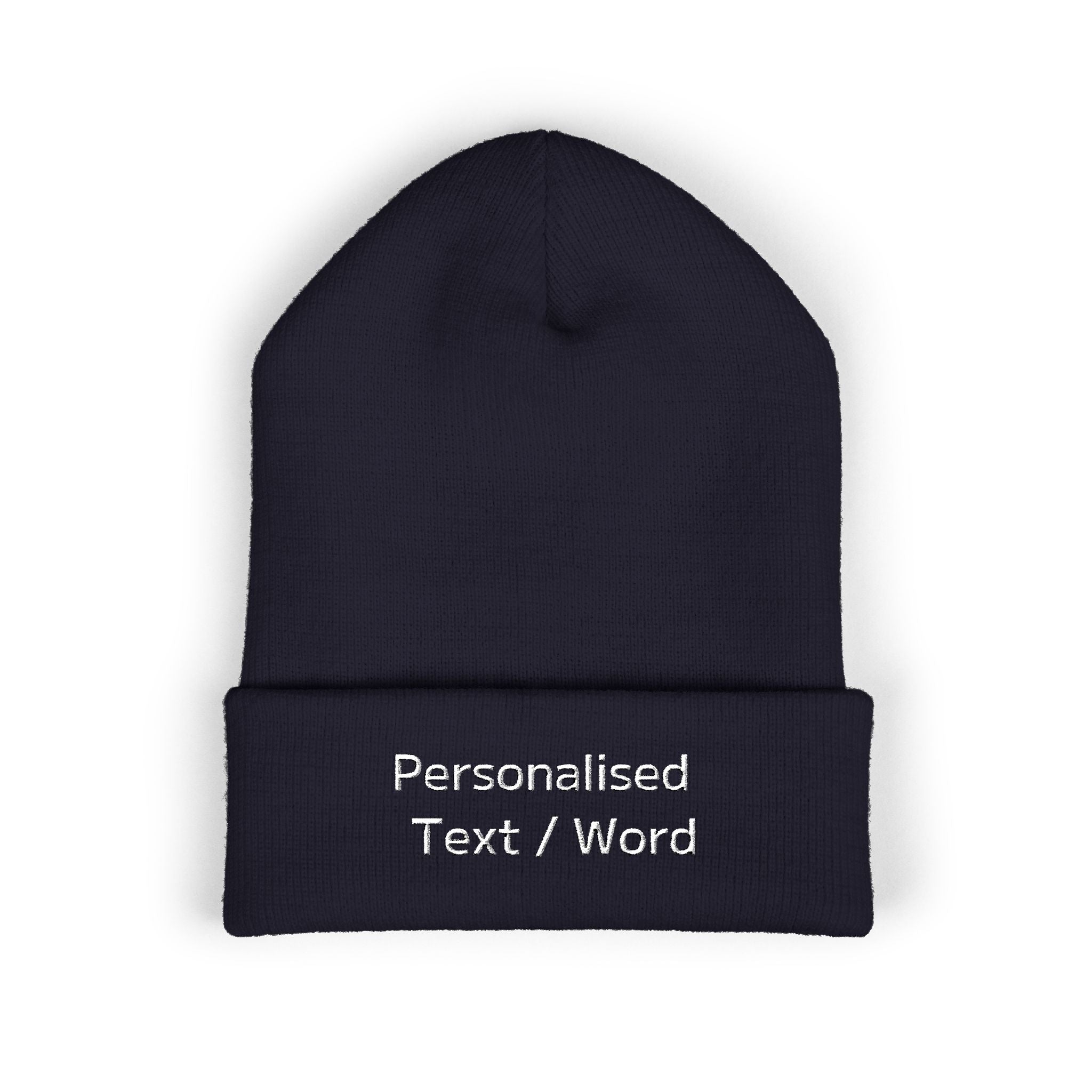 Navy blue beanie with white "Personalised Text / Word" embroidery.