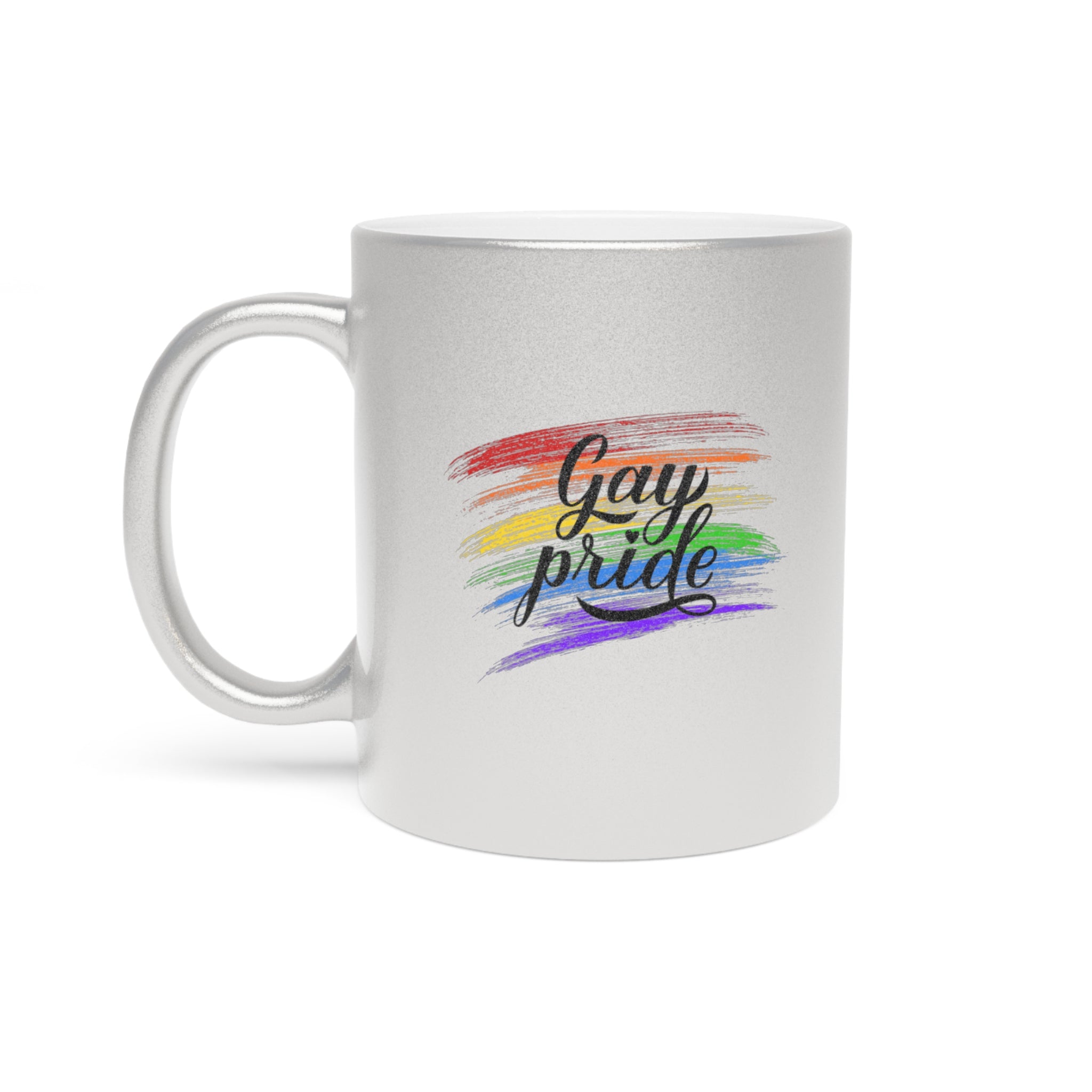 Silver mug with rainbow brush strokes and "Gay pride" text.
