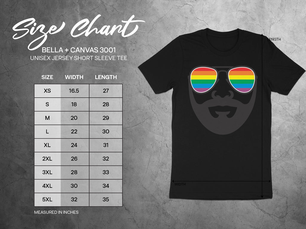 BELLA + CANVAS 3001 unisex short sleeve tee size chart with measurements for width and length.