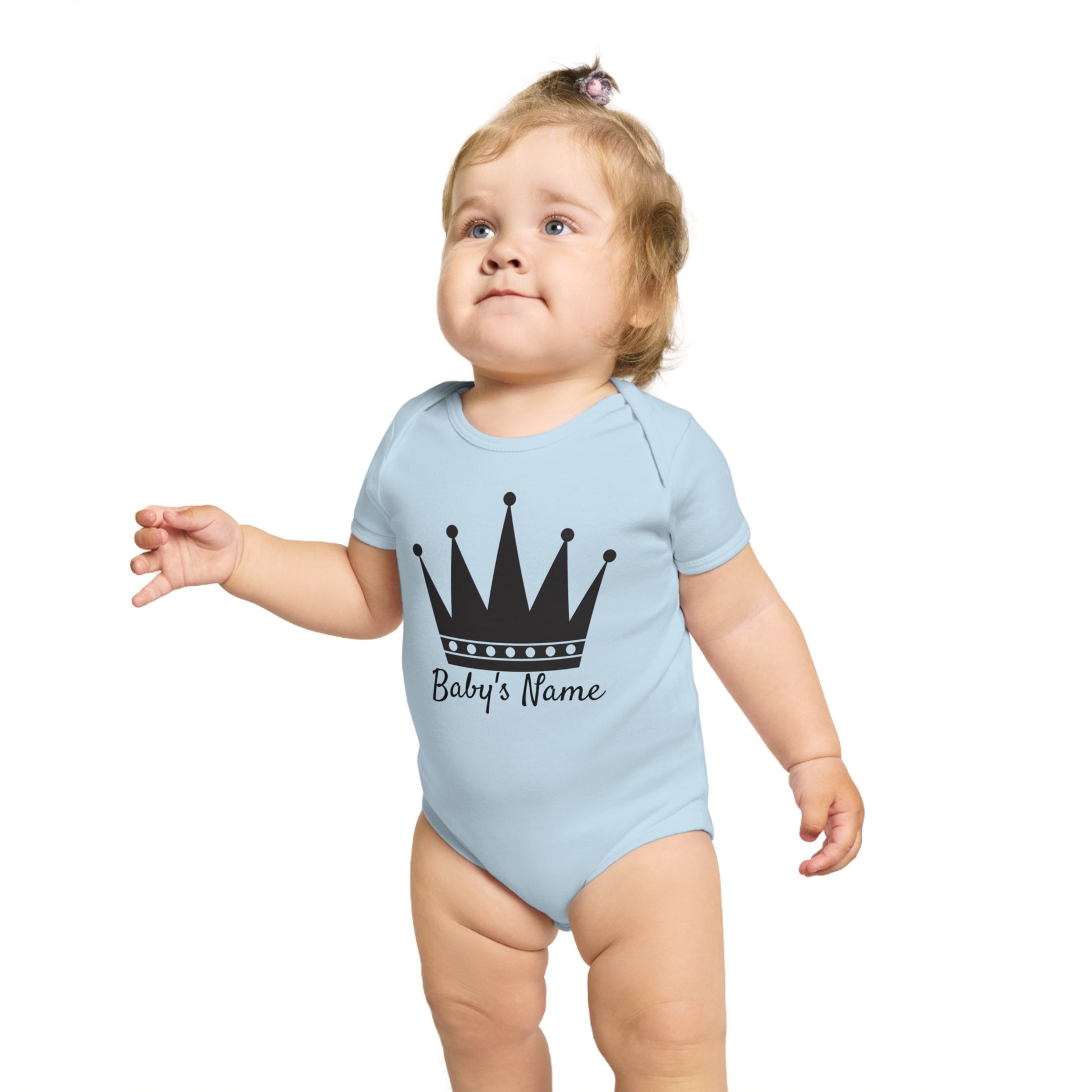Baby in light blue bodysuit with black crown and "Baby's Name" text.