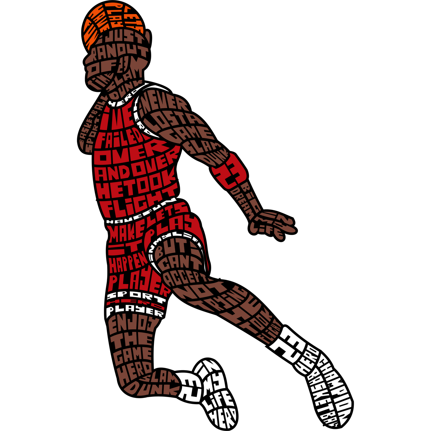 Basketball player silhouette formed by words such as "champion," "dream," and "hero."