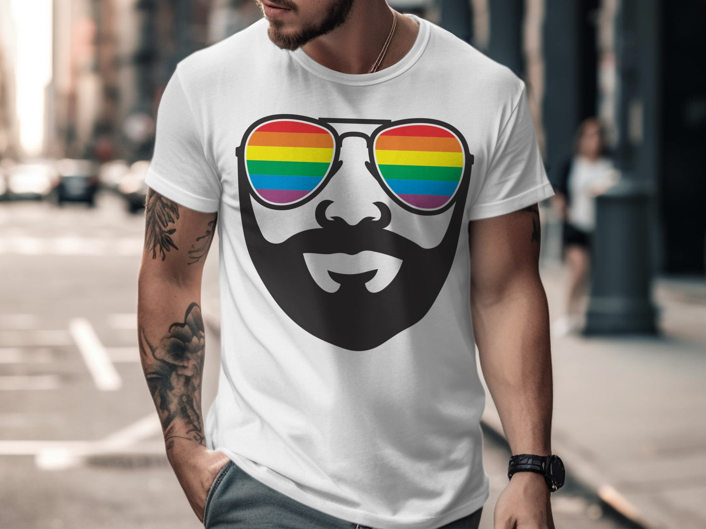 White t-shirt with a black graphic of a beard and rainbow-lens sunglasses.