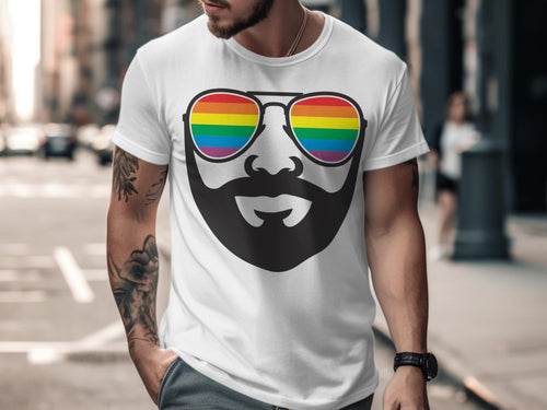 White t-shirt with a black graphic of a beard and rainbow-lens sunglasses.