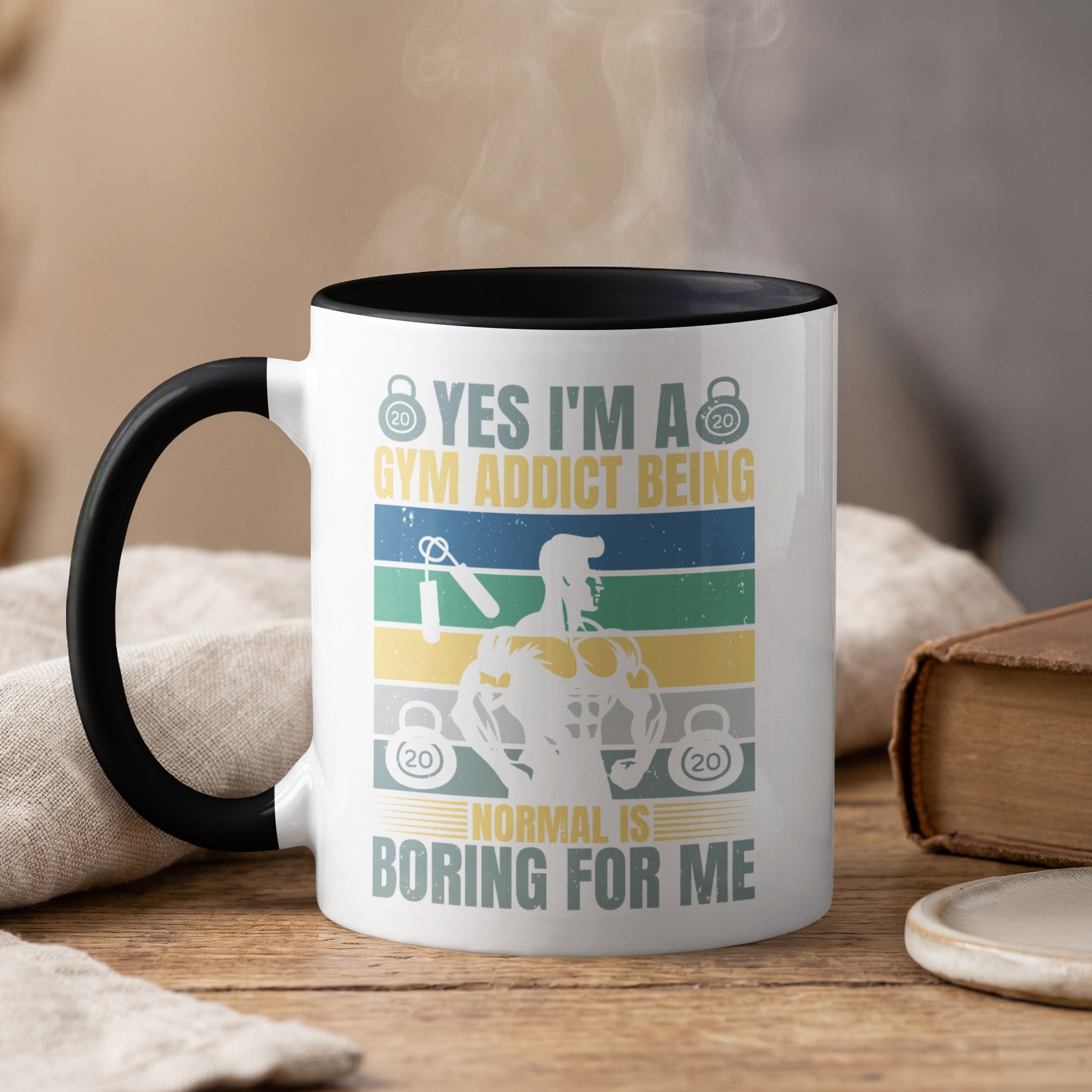 White mug with black rim, featuring gym-themed text and graphics.