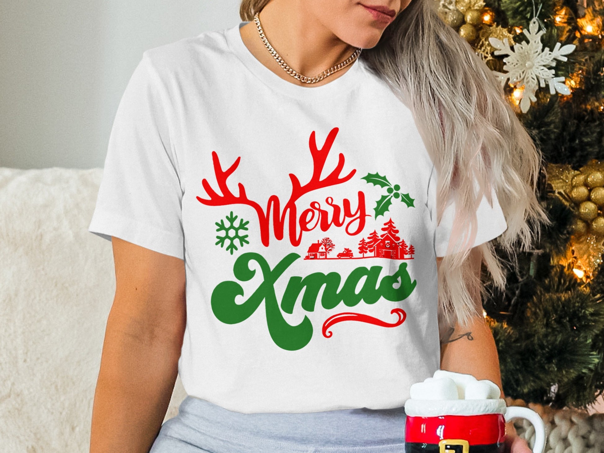 Festive Merry Xmas Reindeer and Snowflakes Shirt