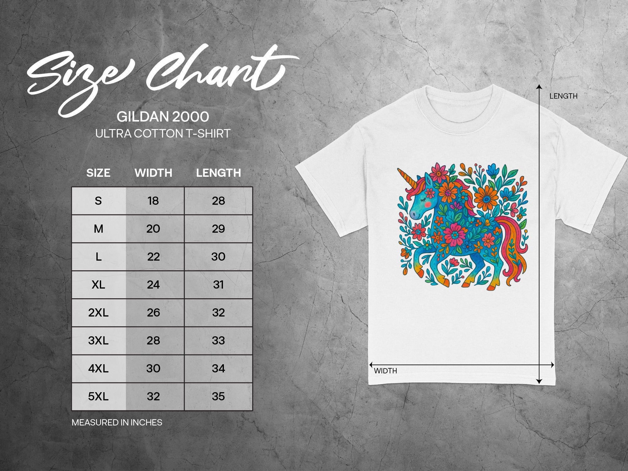 Gildan 2000 Ultra Cotton T-Shirt size chart with width and length measurements in inches.