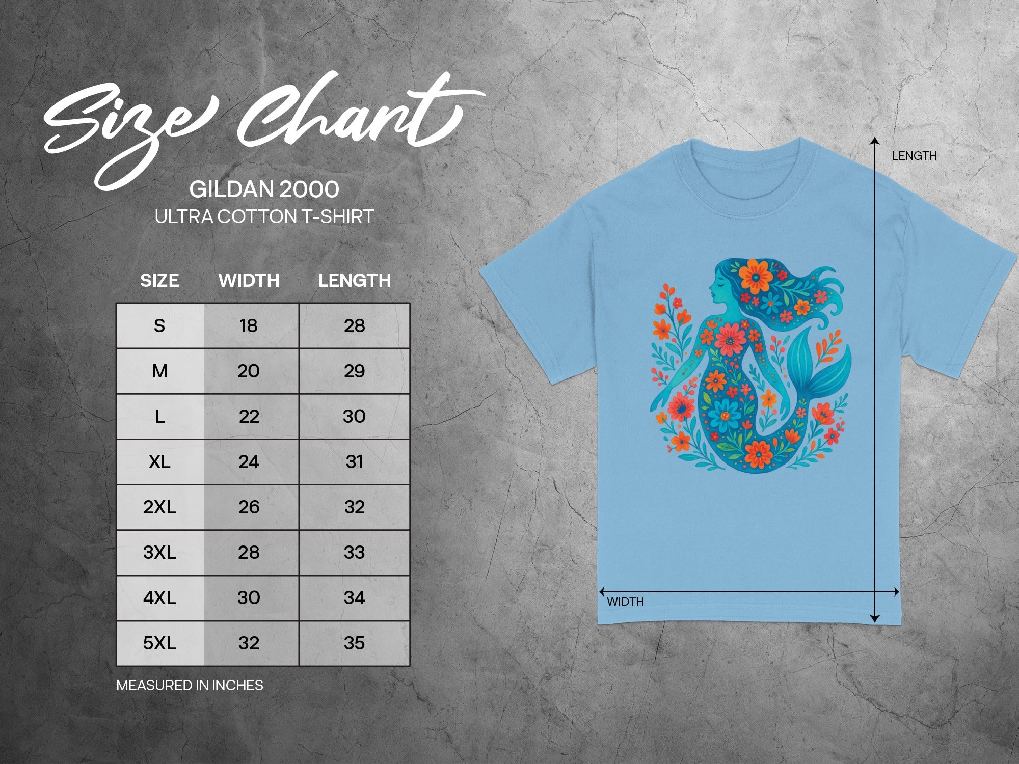 Gildan 2000 Ultra Cotton t-shirt size chart with width and length measurements in inches.