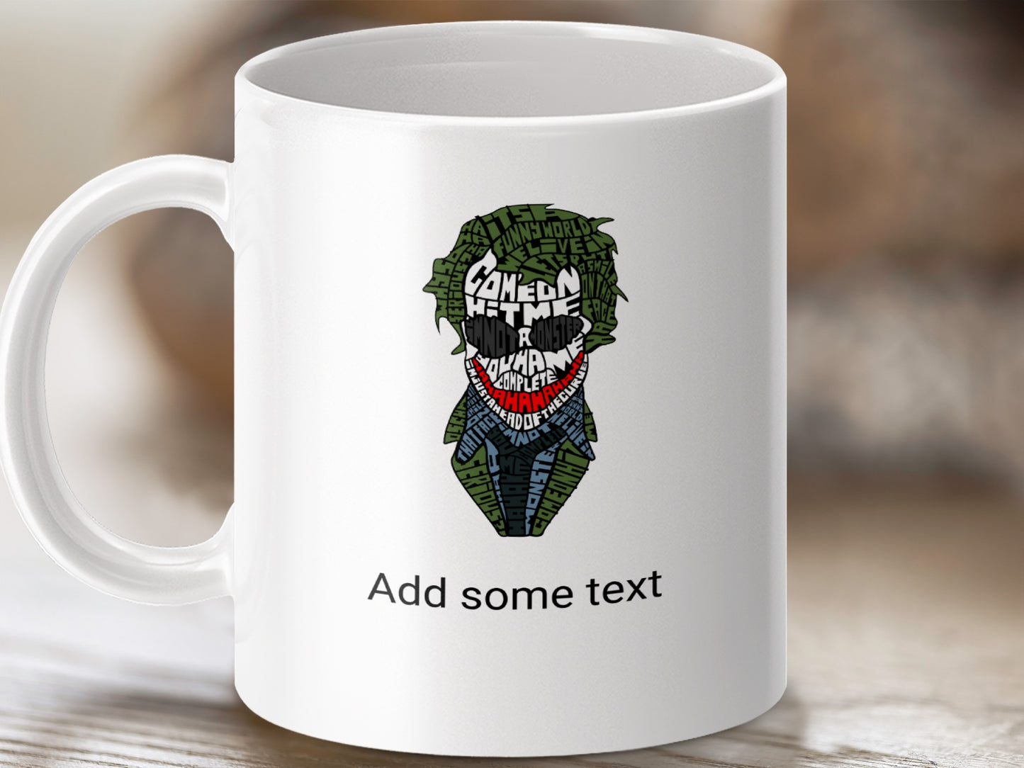 White mug with Joker's face made of text and "Add some text".