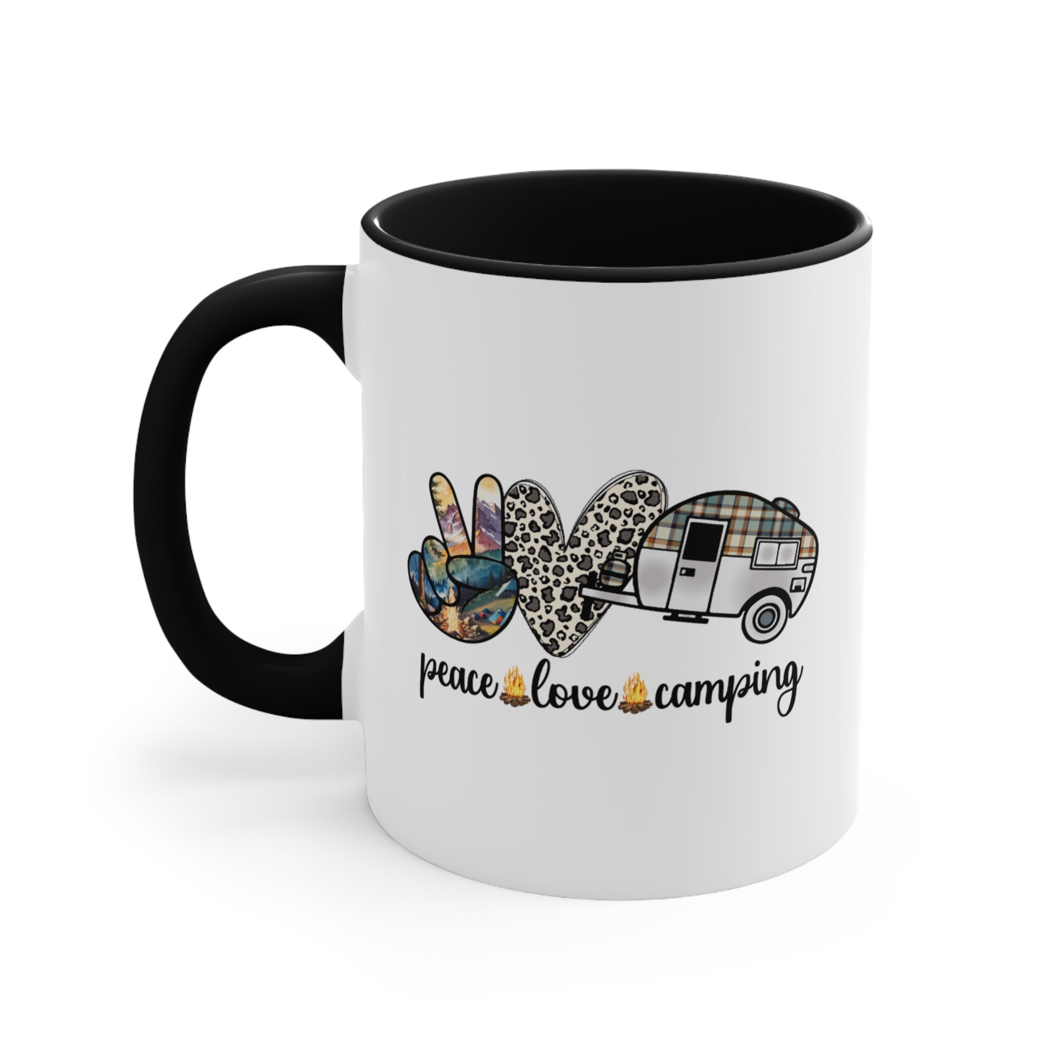 White mug with black handle featuring "peace love camping" text and graphics.