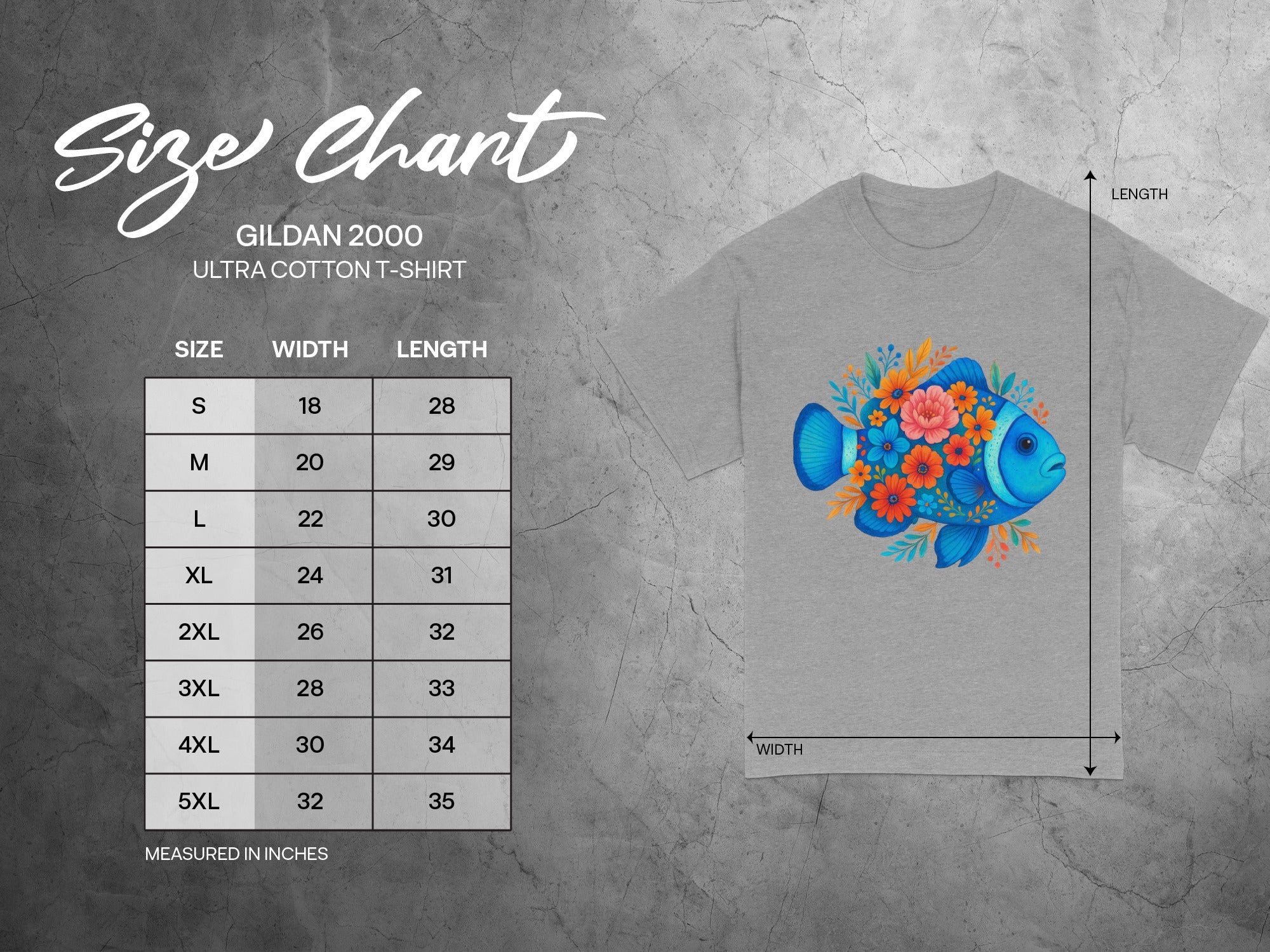Size chart for Gildan 2000 Ultra Cotton T-Shirt, including width and length in inches.
