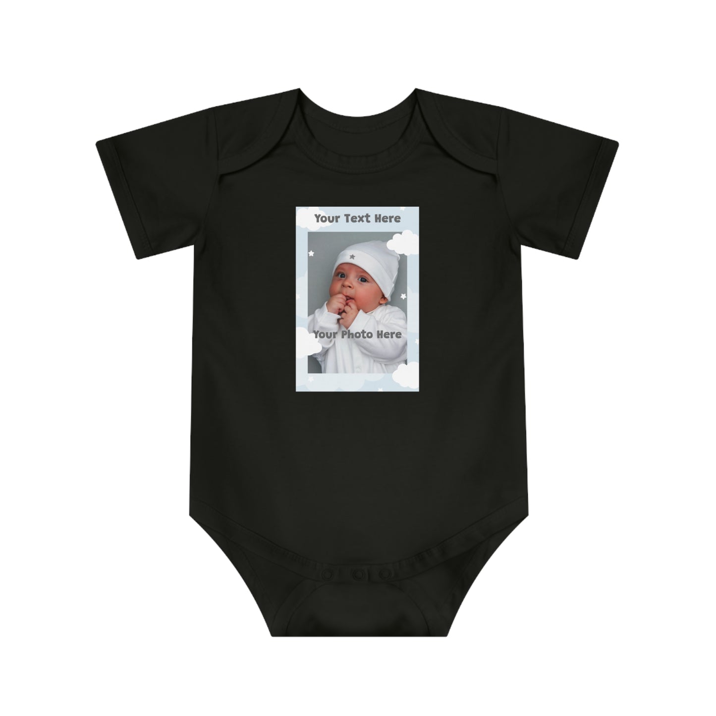 Black baby onesie with customizable photo frame featuring clouds and stars