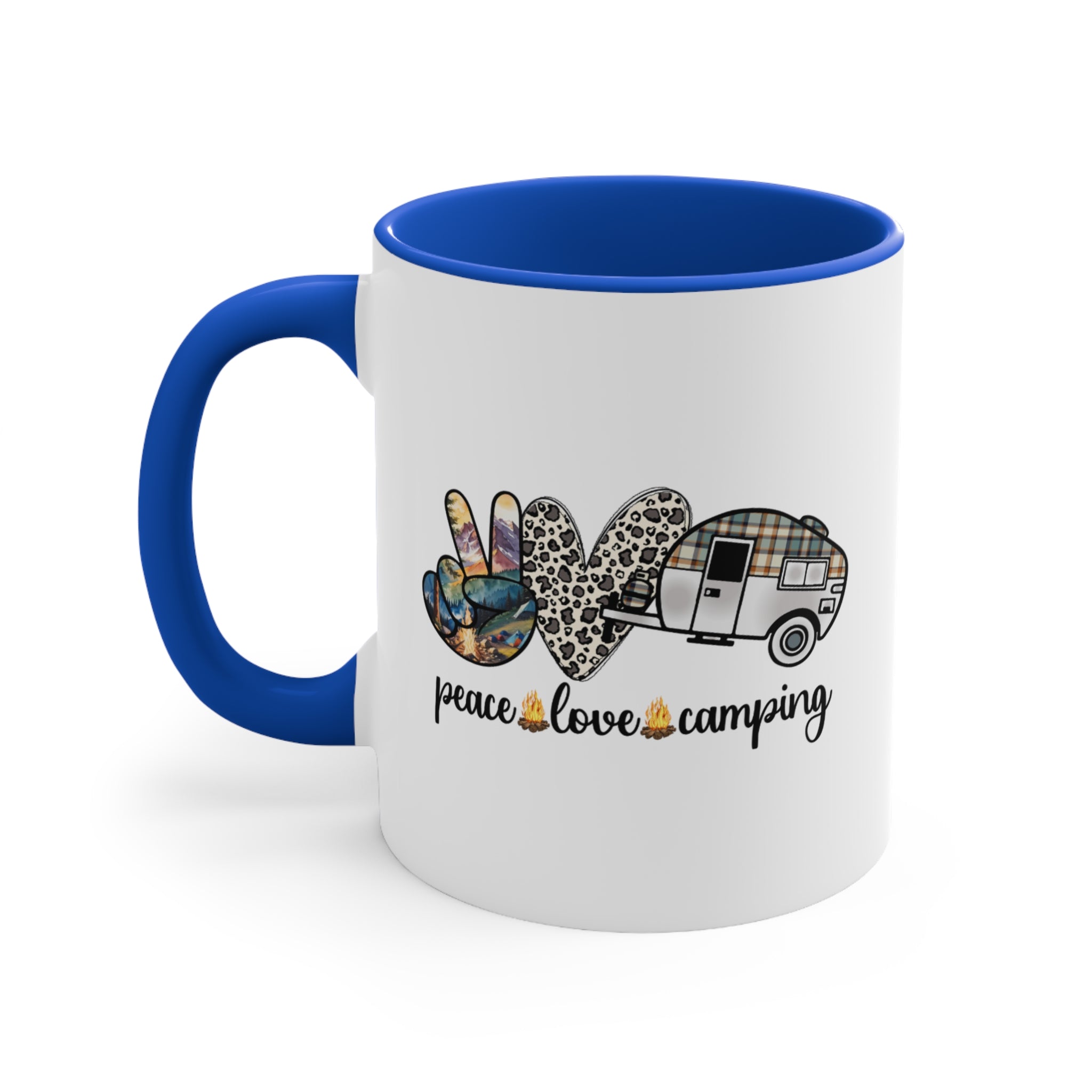 White mug with blue handle and interior featuring "peace love camping" design.