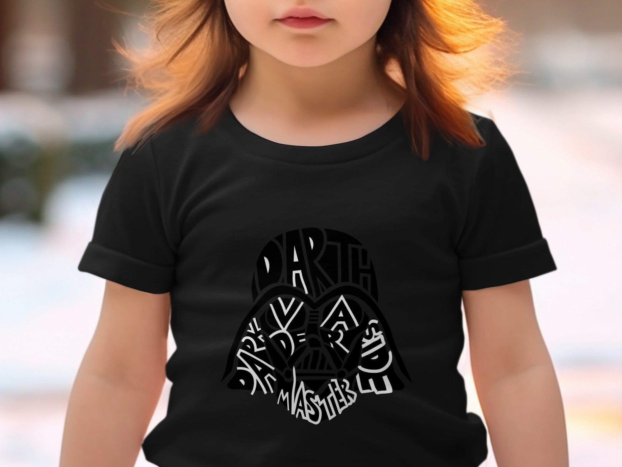 Black t-shirt with Darth Vader helmet graphic made of text.