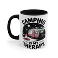 Mug with "Camping is my therapy" text overlaying a vintage camper, campfire, and starry night.