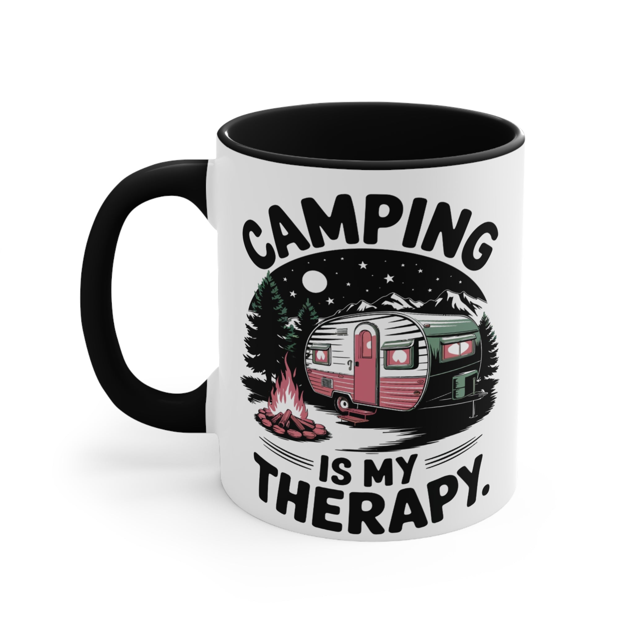 Mug with "Camping is my therapy" text overlaying a vintage camper, campfire, and starry night.