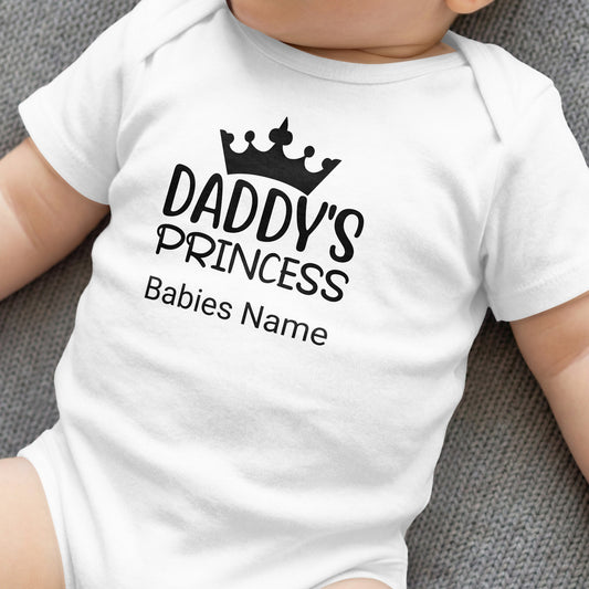 White baby onesie with "Daddy's PRINCESS" and "Babies Name" text.