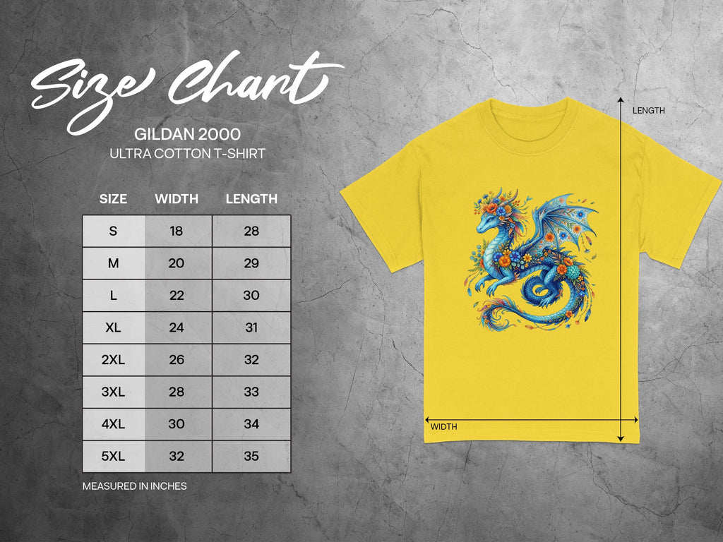 Gildan 2000 Ultra Cotton T-shirt size chart with dragon graphic.