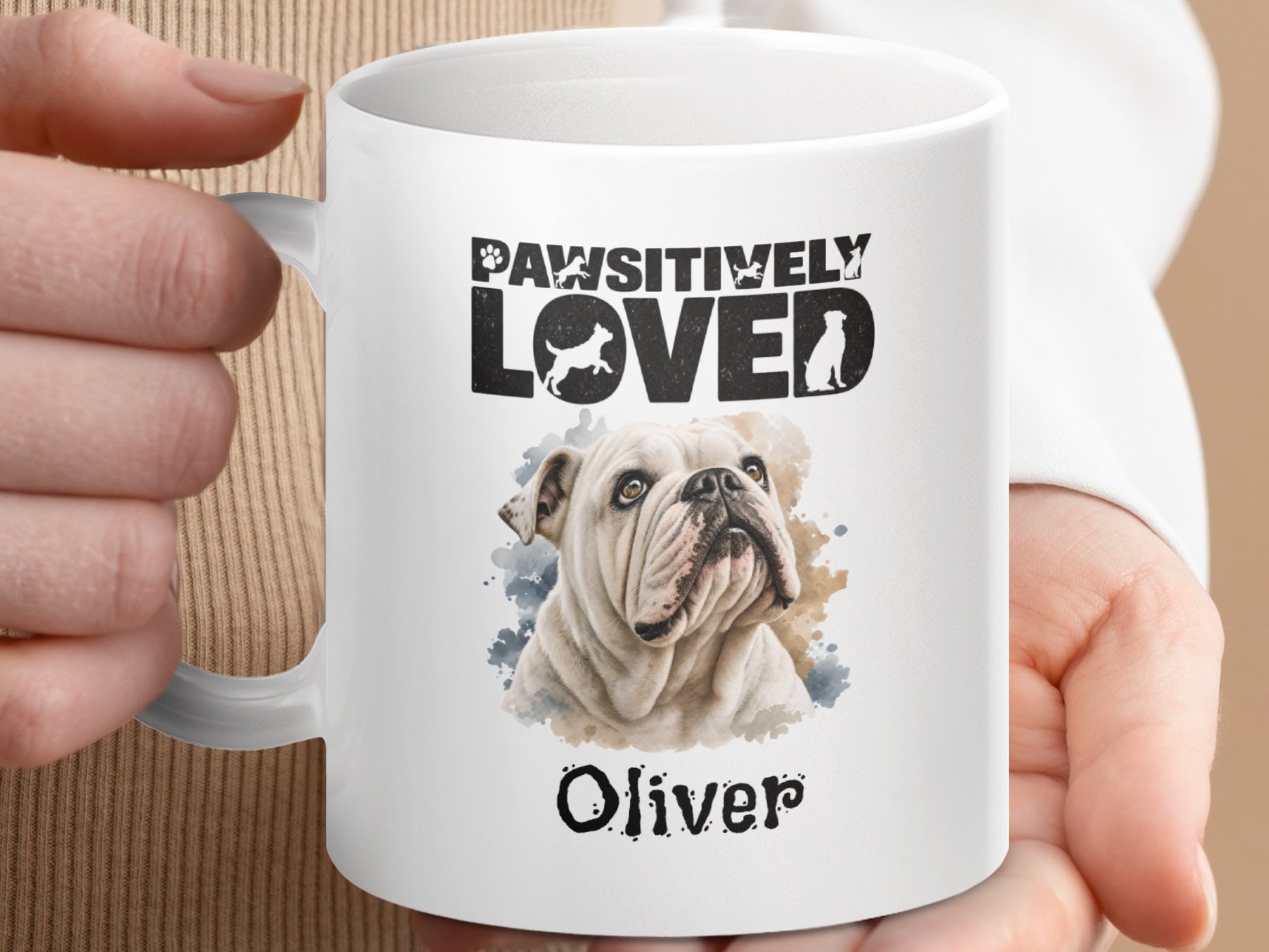 White mug with bulldog art, "Pawsitively Loved," and name "Oliver."