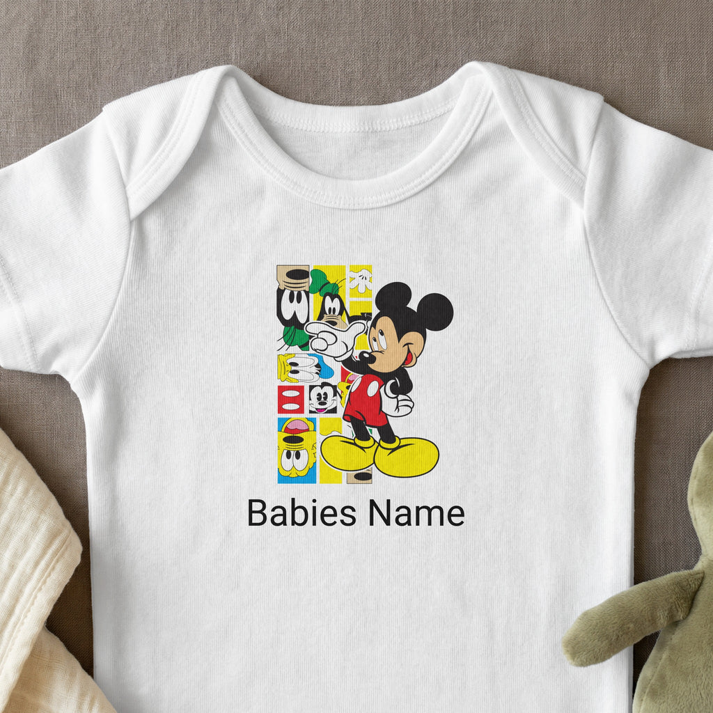 White baby onesie with Mickey Mouse and friends collage and customizable "Babies Name" text.