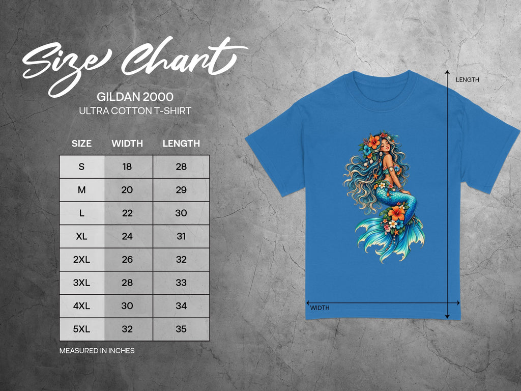 Gildan 2000 Ultra Cotton T-shirt size chart with width and length measurements in inches.