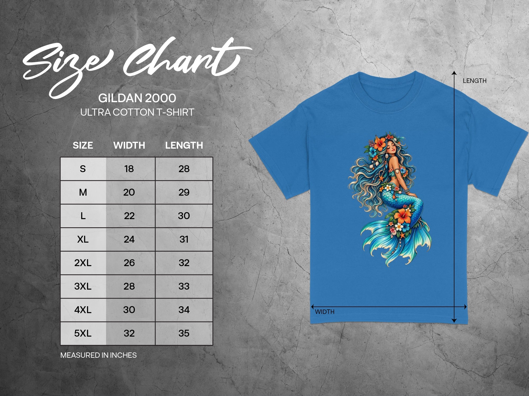 Gildan 2000 Ultra Cotton T-shirt size chart with width and length measurements in inches.