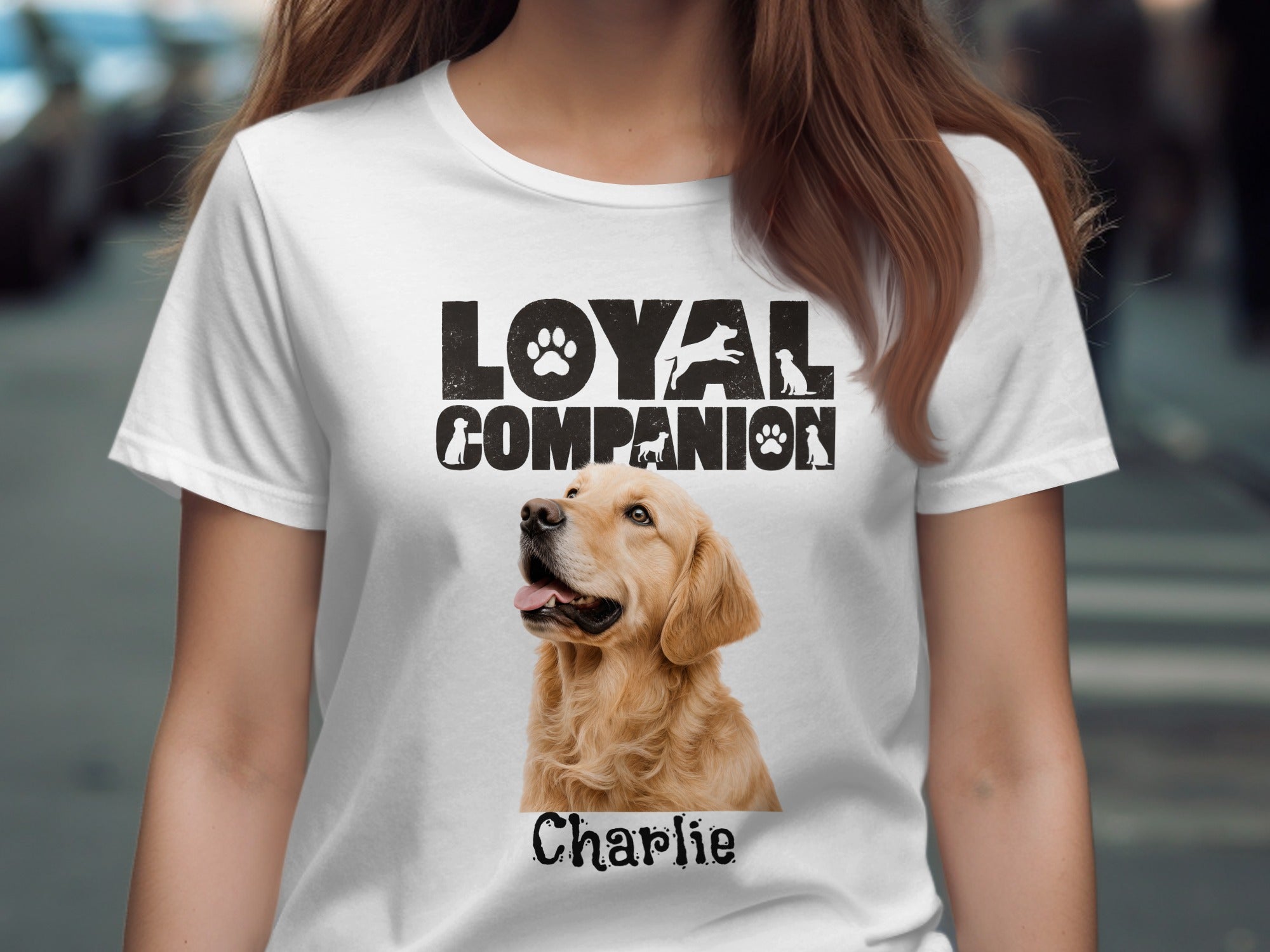T-shirt with "Loyal Companion" text and Golden Retriever named Charlie.