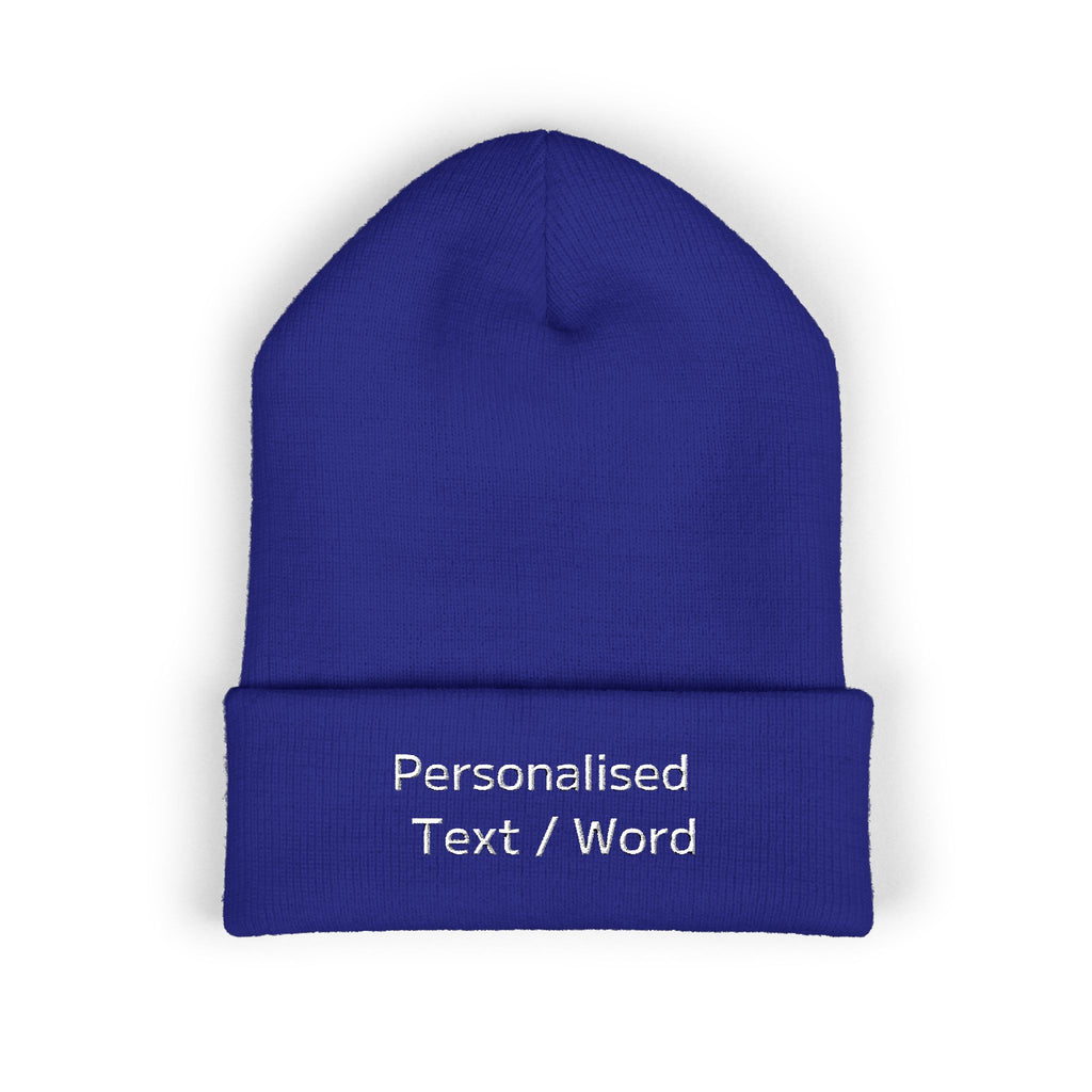 Royal blue knit beanie with embroidered text "Personalised Text / Word".