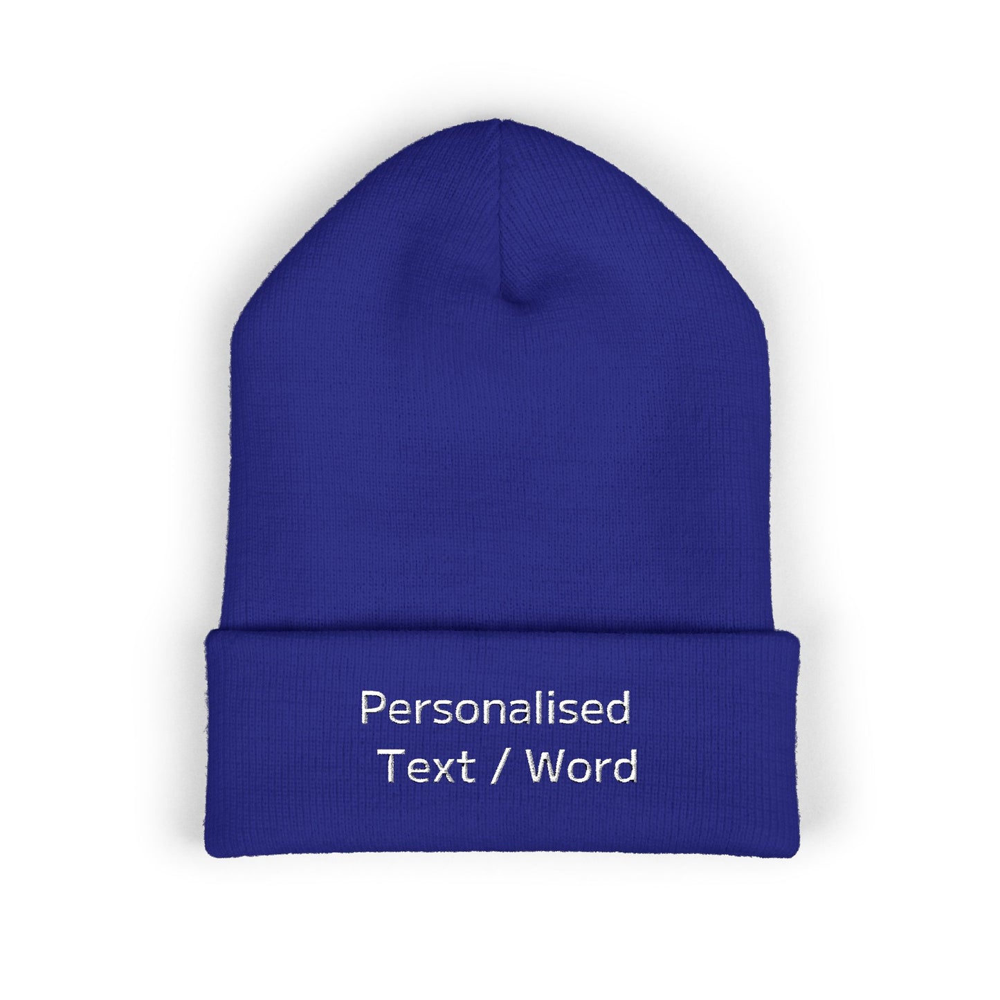 Royal blue knit beanie with embroidered text "Personalised Text / Word".