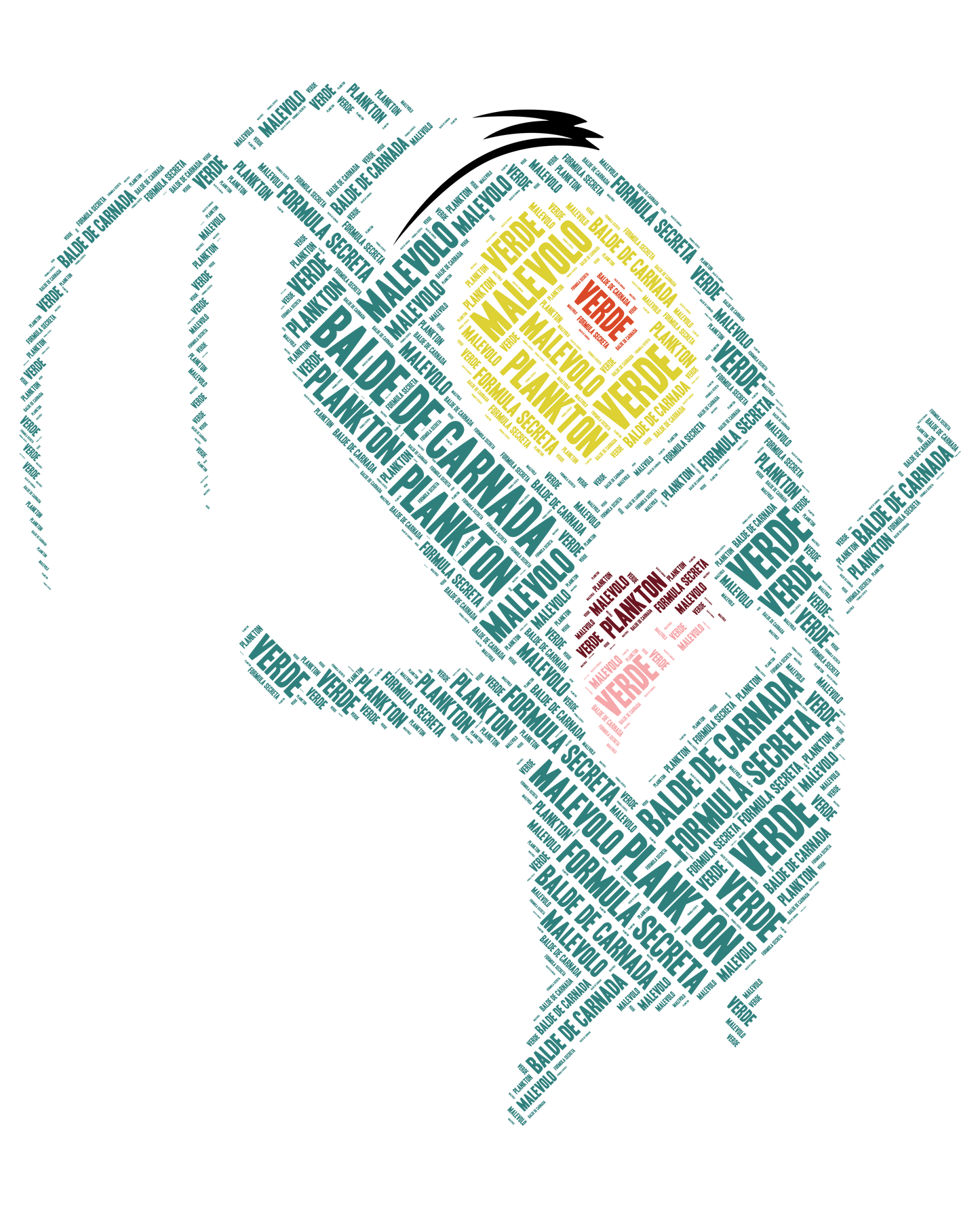 Word art of Minion character formed by text words in multiple languages.